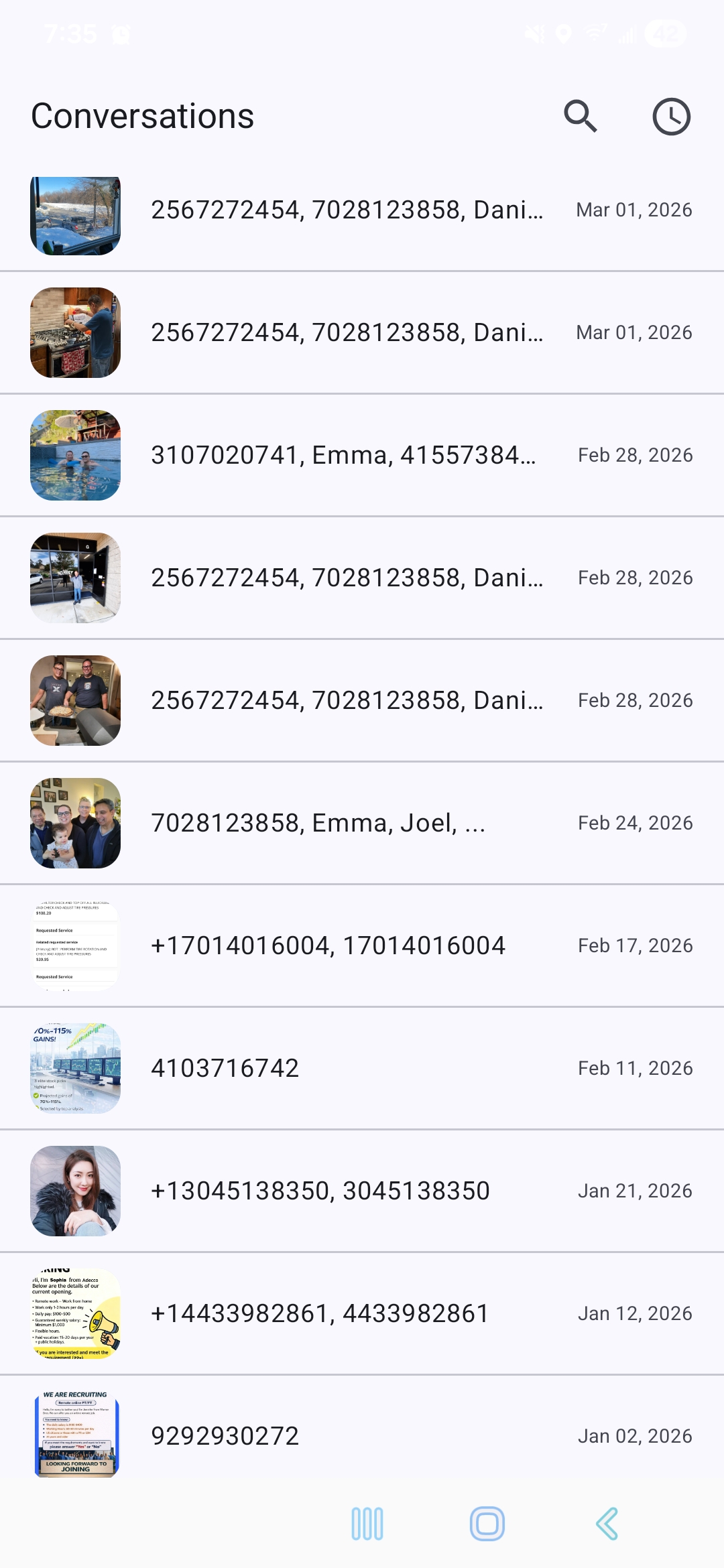 Conversation list showing media message threads